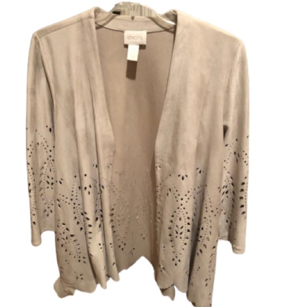 Chico’s oversized tan faux open front suede jacket laser cut outs bell sleeve